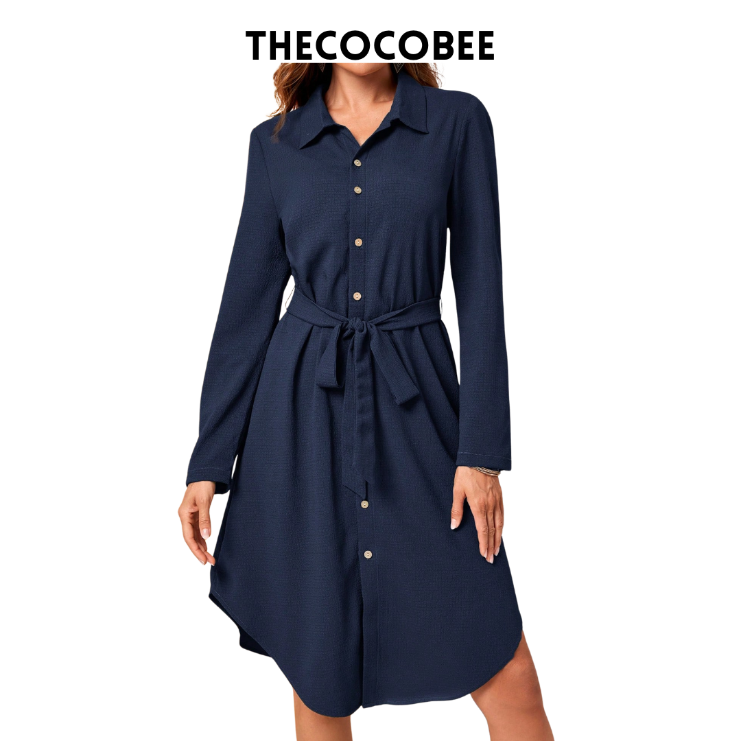 #162 Navy Blue Long Sleeve Midi Dress Fall Women Dresses Work Women Dresses