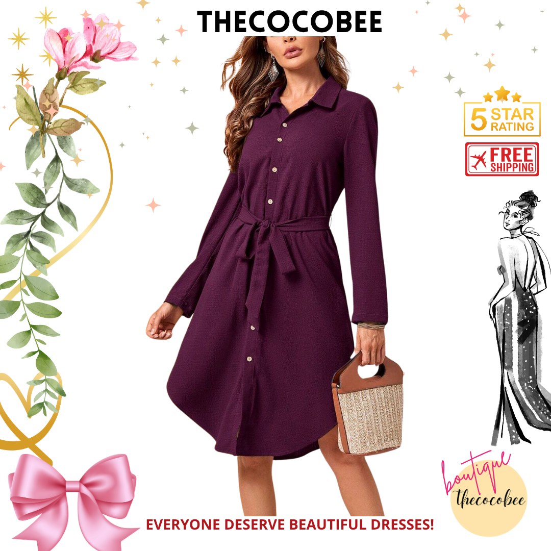 #162 Violet Purple Long Sleeve Single-Breasted Casual Shirt Dress, Autumn