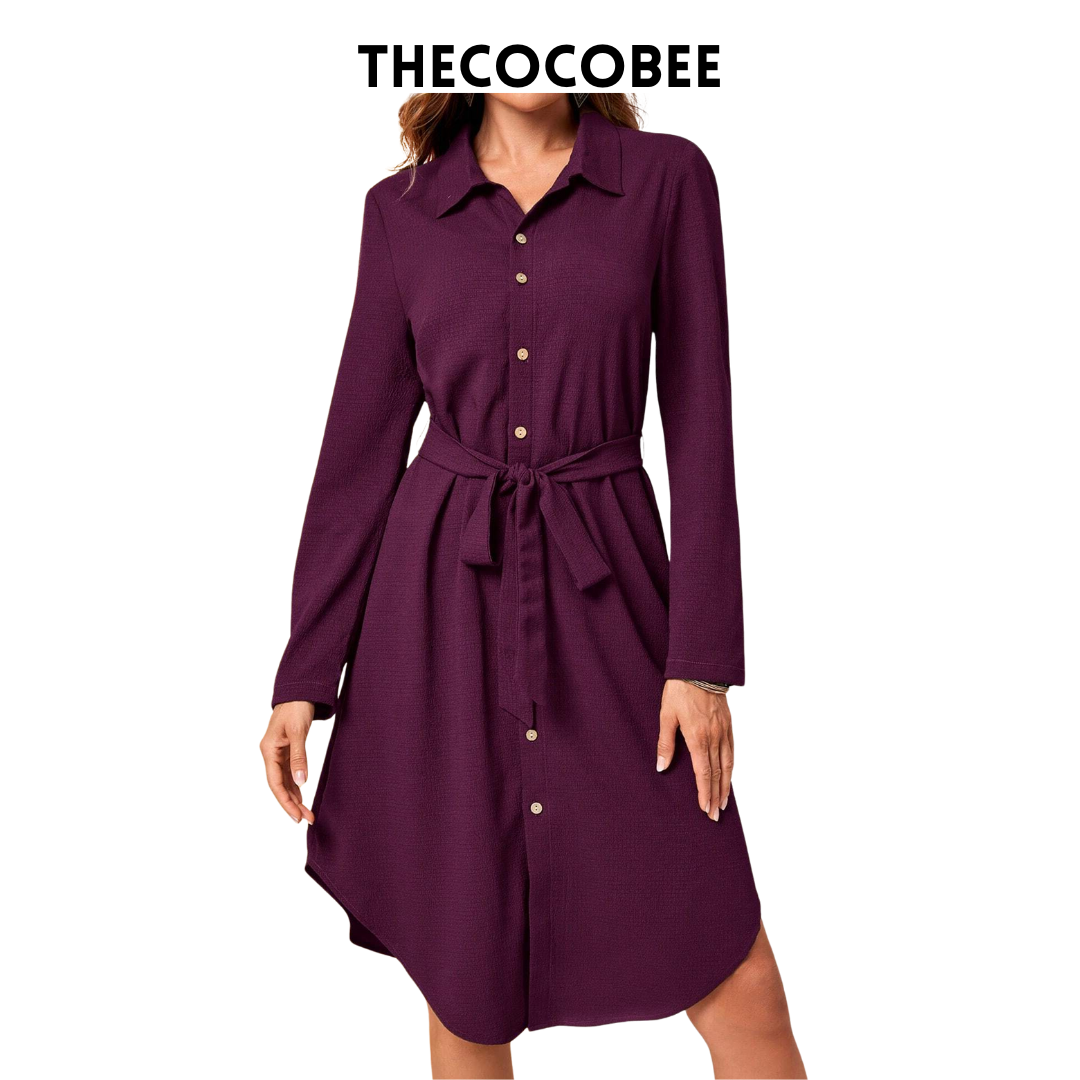 #162 Violet Purple Long Sleeve Single-Breasted Casual Shirt Dress, Autumn