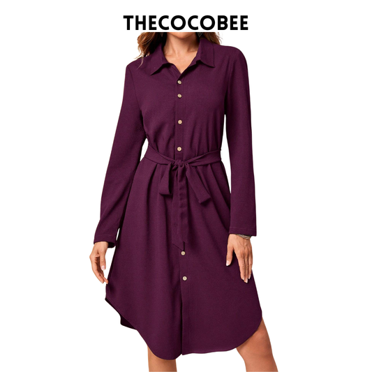 #162 Violet Purple Long Sleeve Single-Breasted Casual Shirt Dress, Autumn