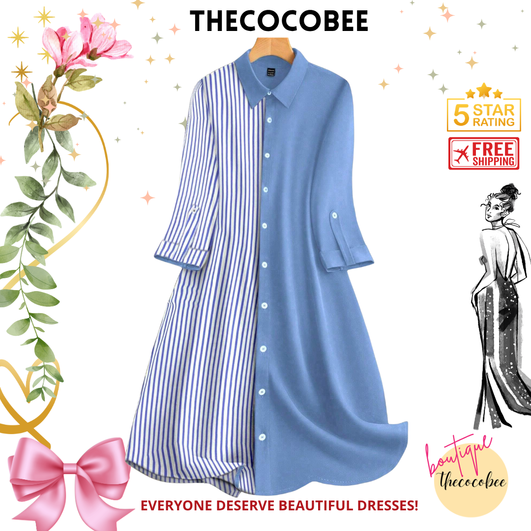 #163 Blue Striped Roll-Up Sleeve Single Breasted Mid-Length Casual Shirt Dress