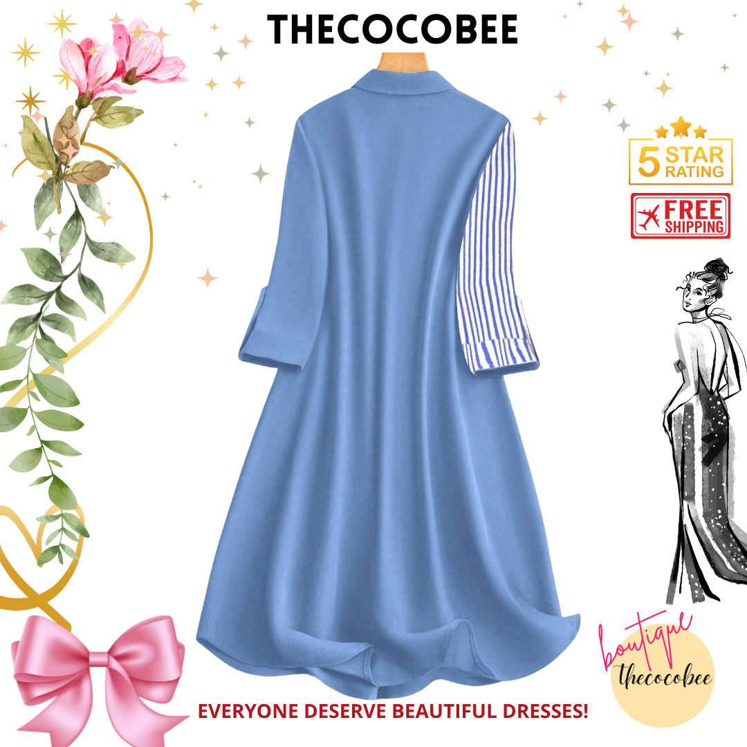 #163 Blue Striped Roll-Up Sleeve Single Breasted Mid-Length Casual Shirt Dress