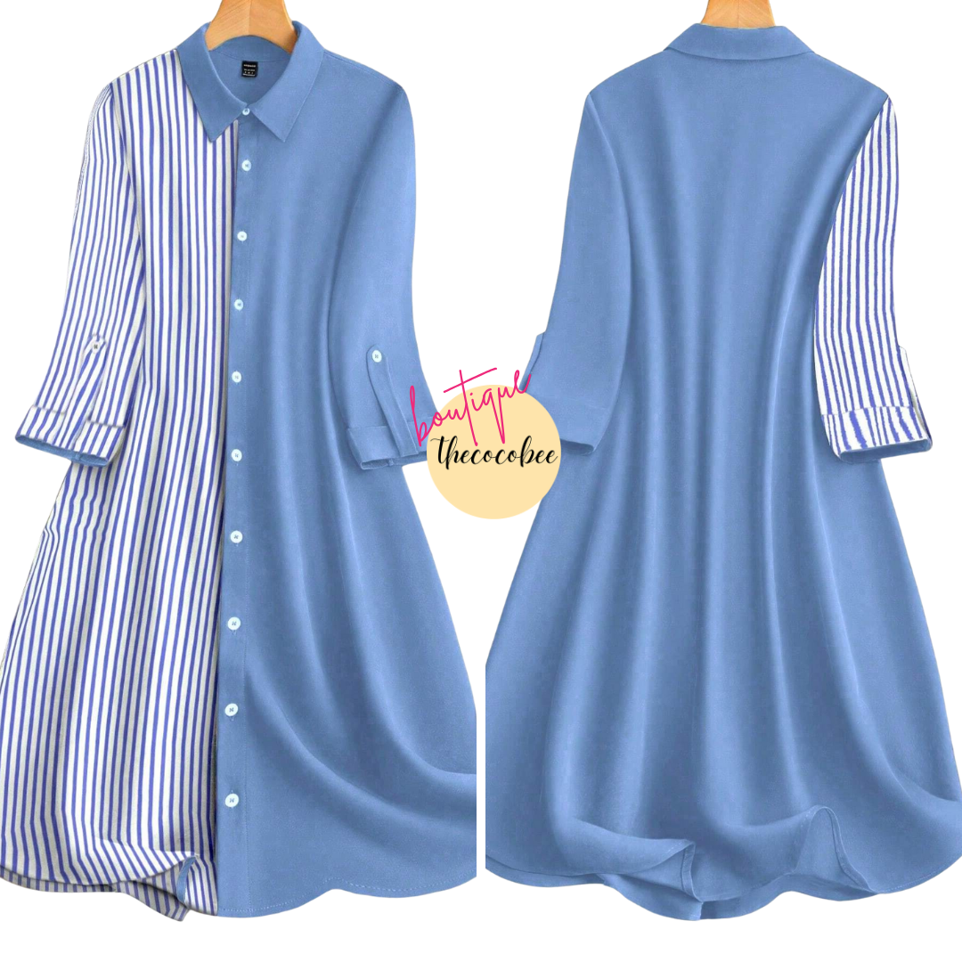 #163 Blue Striped Roll-Up Sleeve Single Breasted Mid-Length Casual Shirt Dress