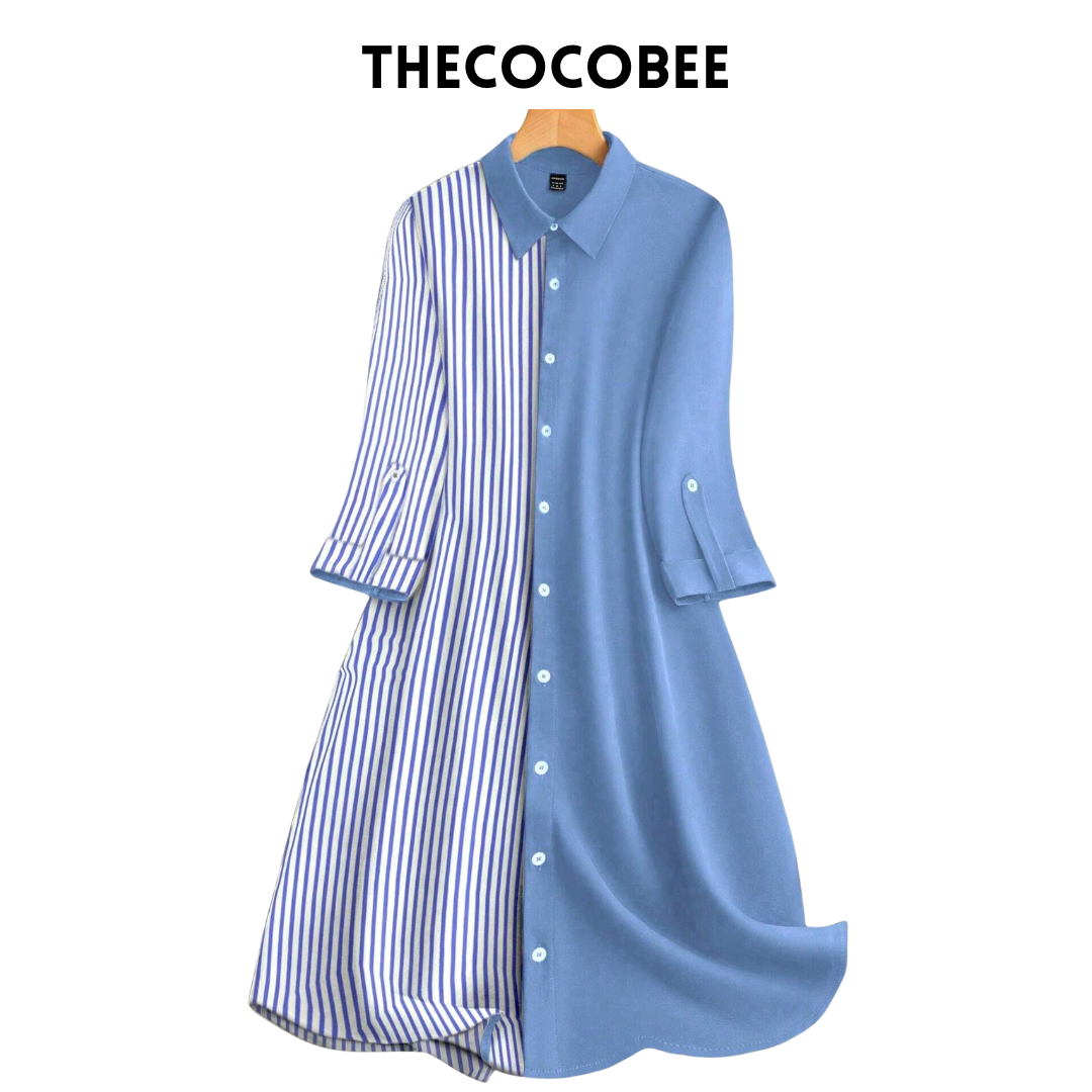 #163 Blue Striped Roll-Up Sleeve Single Breasted Mid-Length Casual Shirt Dress