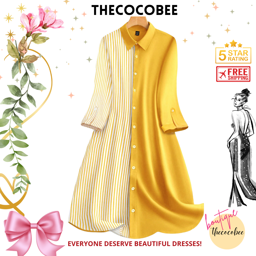 #163 Yellow Vacation Casual Color-Block Striped Patchwork Button-Up Shirt Dress