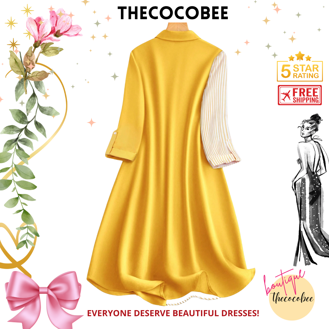 #163 Yellow Vacation Casual Color-Block Striped Patchwork Button-Up Shirt Dress