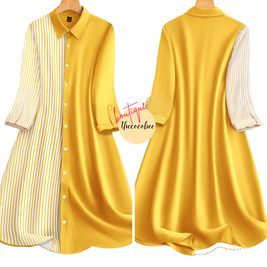 #163 Yellow Vacation Casual Color-Block Striped Patchwork Button-Up Shirt Dress