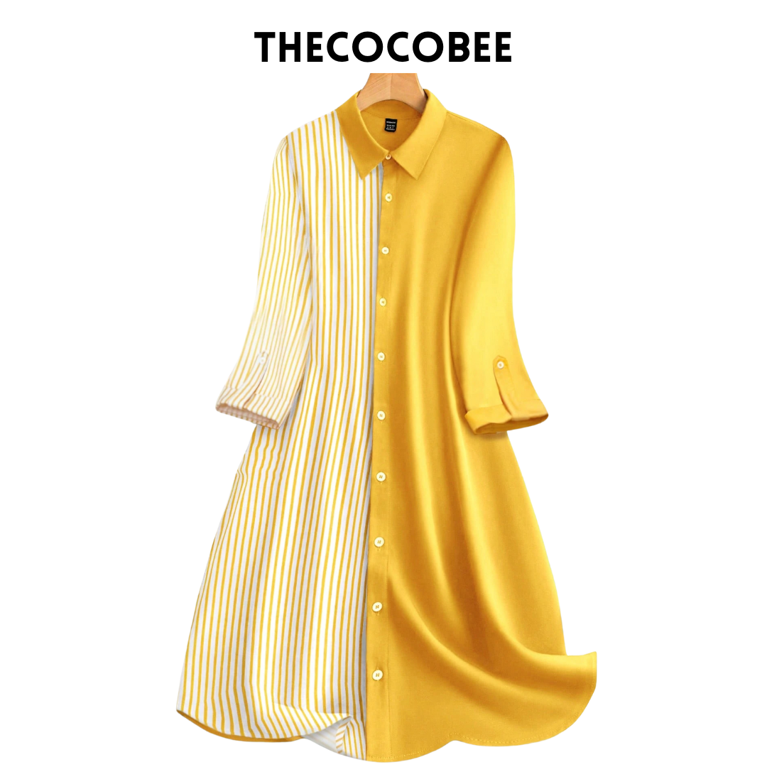 #163 Yellow Vacation Casual Color-Block Striped Patchwork Button-Up Shirt Dress
